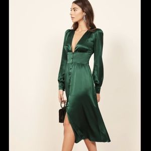 Reformation Nicola Silk Midi Dress in Green